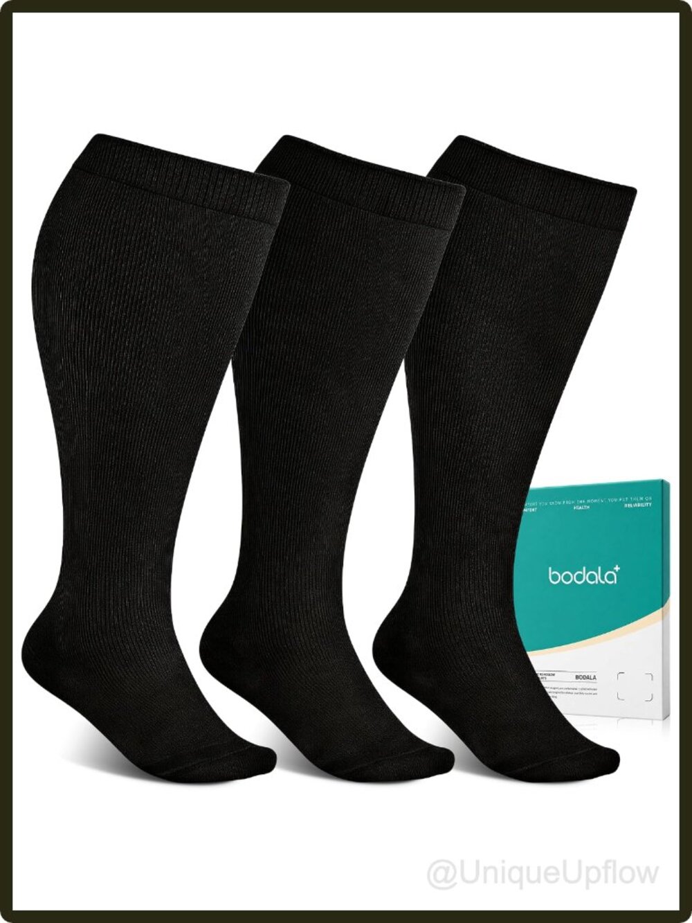 Unisex Plus Size Compression Socks Wide Calf 20-30mmHg 3 Pairs Support Black